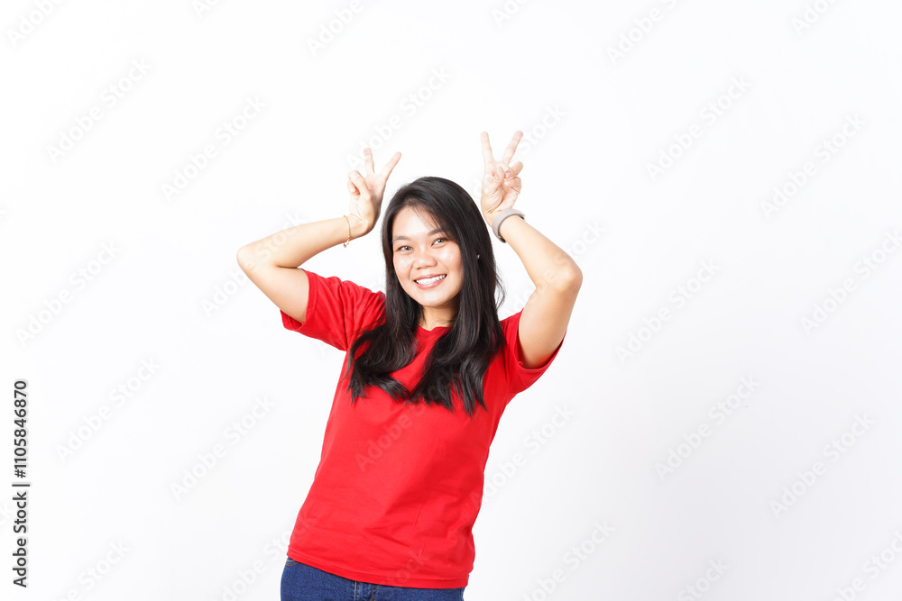 Showing Peace Sign or Victory sign Of Beautiful Asian Woman wearing red shirt Isolated On White Background Showing Peace Sign or Victory sign Of Beautiful Asian Woman wearing red shirt Isolated On White Background