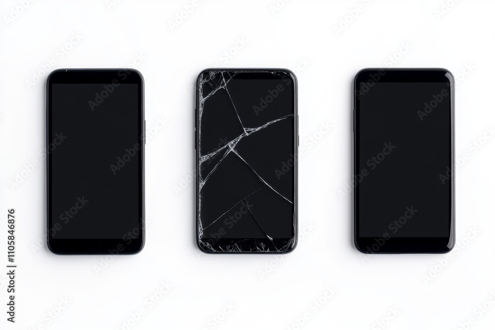 Naklejka premium Three smartphones displaying modern and damaged screens on white background