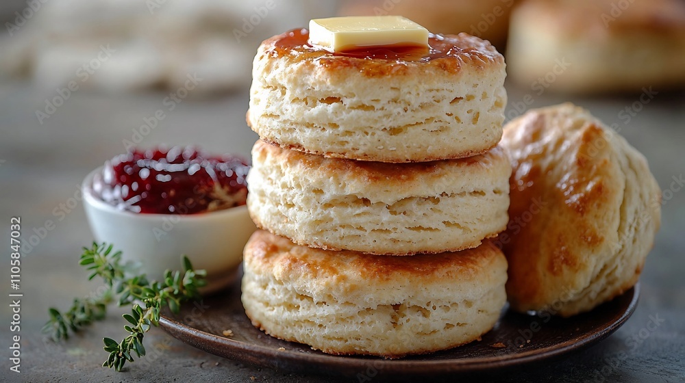 Mouthwatering Buttery Biscuits Stacked High with Jam and Butter on the Side Baked Bread Pastry Concept Mouthwatering Buttery Biscuits Stacked High with Jam and Butter on the Side Baked Bread Pastry Concept