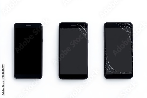 Three damaged smartphones with cracked screens on white background