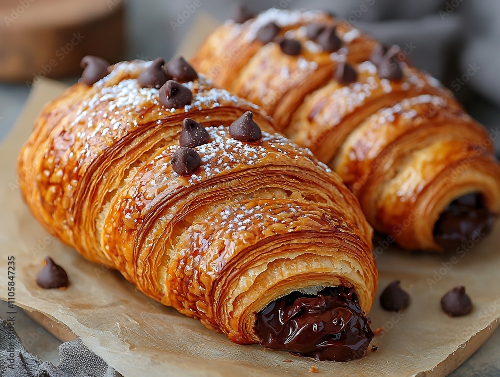 Freshly Baked Chocolate Croissant with Melted Filling and Powdered Sugar Dusting Freshly Baked Chocolate Croissant with Melted Filling and Powdered Sugar Dusting