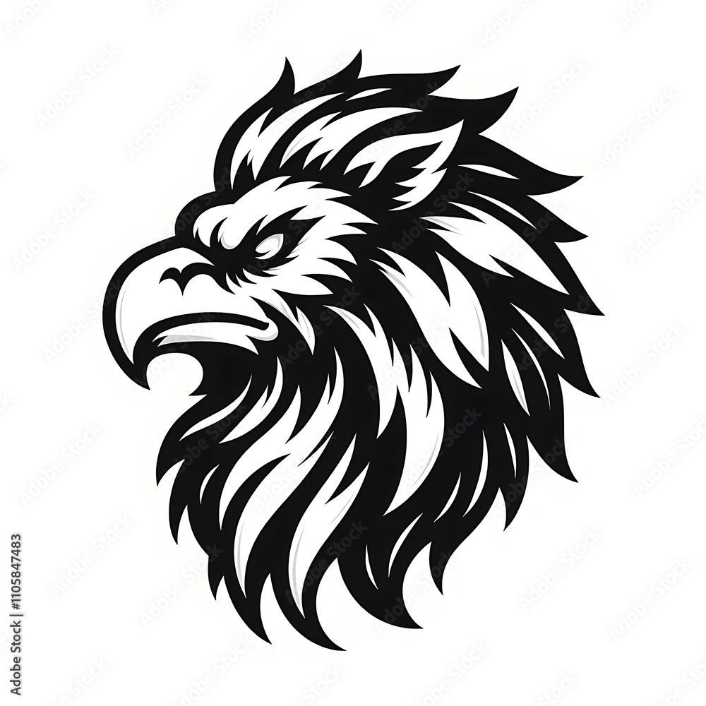 Stylized eagle head with flowing mane design. Stylized eagle head with flowing mane design.
