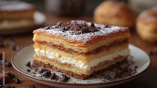 Exquisite Layered Mille Feuille Pastry with Chocolate Drizzle on Fine China Plate