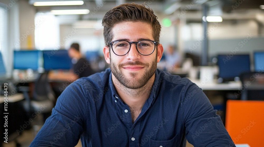 Young professional man with glasses smiling confidently in a modern office workspace, showcasing a collaborative business environment with colleagues in the background. Young professional man with glasses smiling confidently in a modern office workspace, showcasing a collaborative business environment with colleagues in the background.