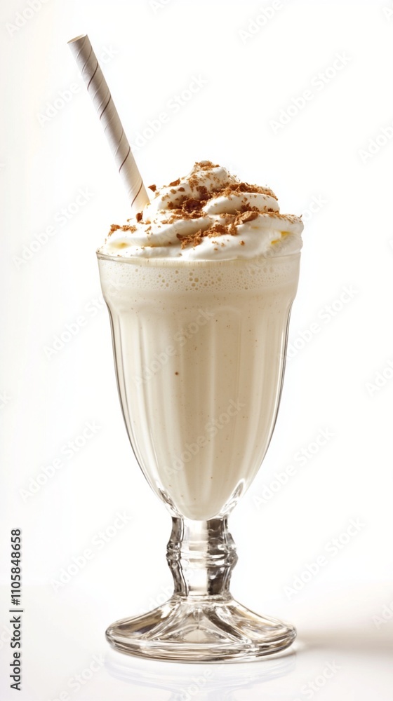 Creamy vanilla milkshake topped with whipped cream and sprinkled with cinnamon in a classic glass, served with a straw for indulgent sipping. Creamy vanilla milkshake topped with whipped cream and sprinkled with cinnamon in a classic glass, served with a straw for indulgent sipping.