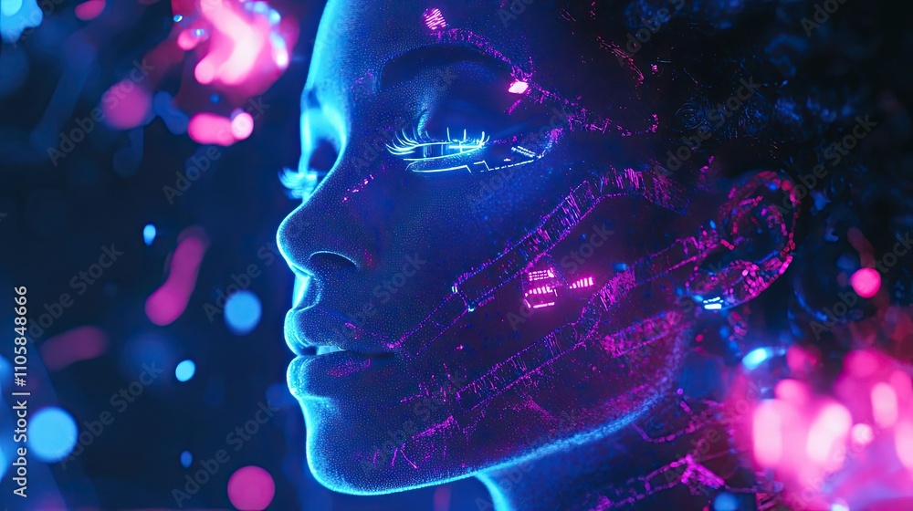 Neon Fractured Face Digital Art Woman Portrait Neon Fractured Face Digital Art Woman Portrait