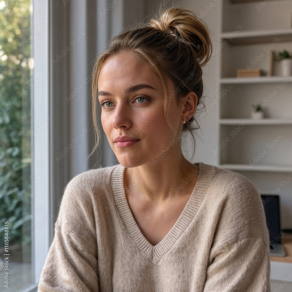 Relaxed woman in beige sweater sitting by a window in a bright home office Relaxed woman in beige sweater sitting by a window in a bright home office