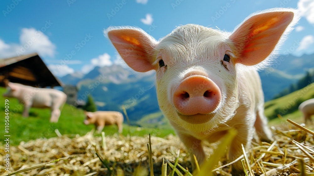 Charming Close-Up of a Playful Piglet in a Scenic Alpine Landscape, Surrounded by Nature, with Rolling Hills and Majestic Mountains in the Background Charming Close-Up of a Playful Piglet in a Scenic Alpine Landscape, Surrounded by Nature, with Rolling Hills and Majestic Mountains in the Background