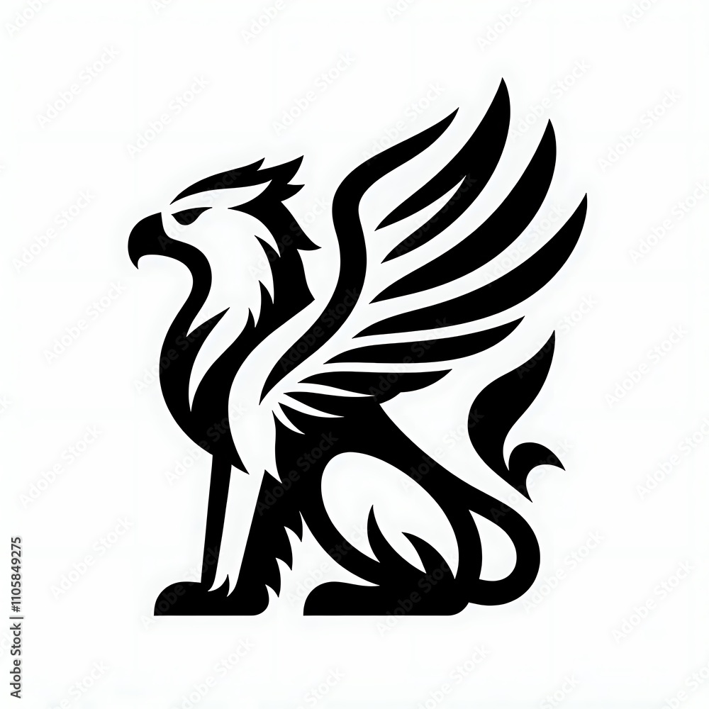 Fototapeta premium Stylized black griffin with wings and tail.