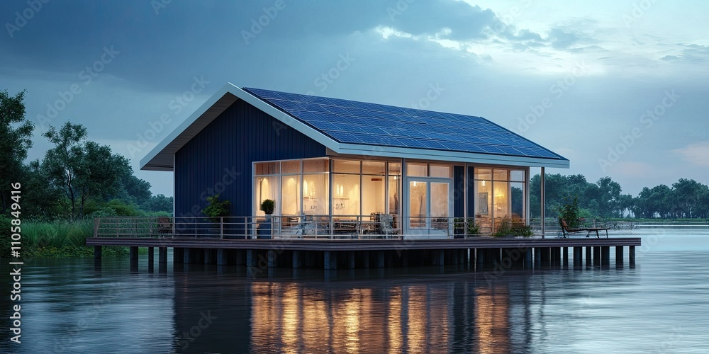 dark blue and ivory luxury coastal stilt house with small pier and modern solar panel technology and cozy elegant balcony dark blue and ivory luxury coastal stilt house with small pier and modern solar panel technology and cozy elegant balcony