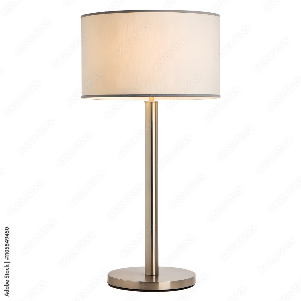 A sleek, modern table lamp with a cylindrical shade, lit softly, isolated on transparent background A sleek, modern table lamp with a cylindrical shade, lit softly, isolated on transparent background