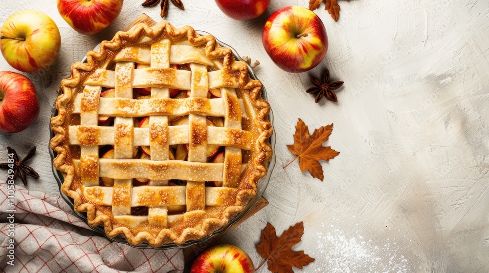 Apple pie breakfast on a bright background from above with room for text. Home baking idea present. Apple pie breakfast on a bright background from above with room for text. Home baking idea present.