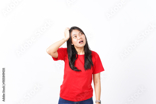 Canvas Print Confused and Forget Something Of Beautiful Asian Woman wearing red shirt Isolate