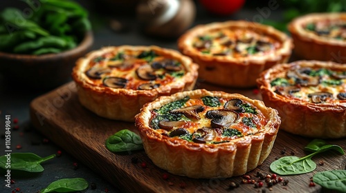 Assortment of Bite Sized Quiches with Diverse Fillings for a Delightful Brunch Spread photo