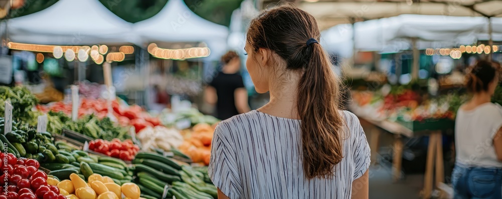 Woman exploring a bustling outdoor farmer's market, surrounded by fresh vegetables and vibrant colors under sunny skies.