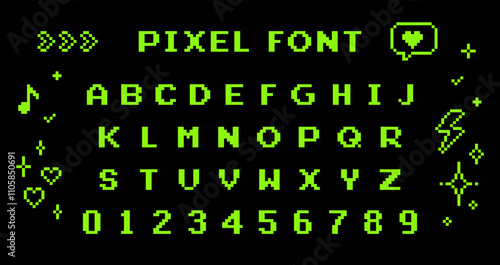 Y2k pixel font set. Game abstract elements. 8 bit alphabet symbols, letters and numbers. 90's aesthetics. Oldschool retro nostalgic typeface. Editable vector green elements on black background