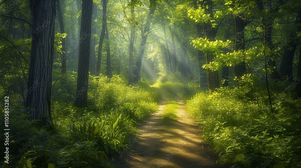 Obraz premium **: A silent forest path illuminated by bright sun rays, with the fresh greenery of spring creating a vibrant, peaceful landscape.