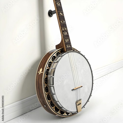 A classic banjo with a circular drum head and intricate craftsmanship,