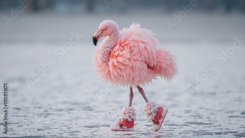 Obraz na płótnie Pink flamingo in snow w salonie
