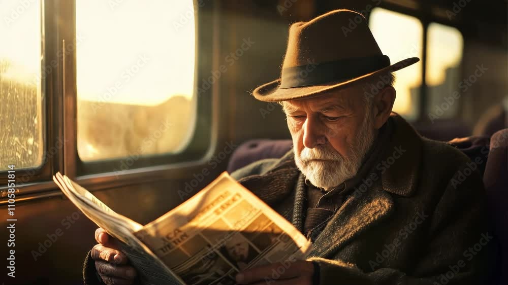 Elderly Man Reading Newspaper on Train with Soft Window Light Elderly Man Reading Newspaper on Train with Soft Window Light
