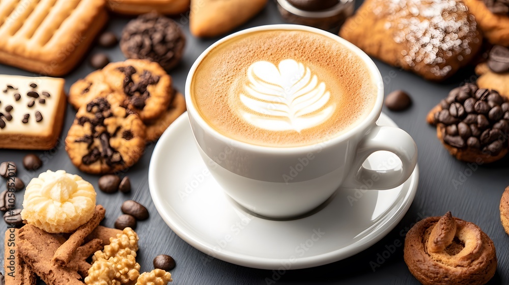 Cappuccino in a cafe setting, frothy milk art, accompanied by a plate of pastries Cappuccino in a cafe setting, frothy milk art, accompanied by a plate of pastries