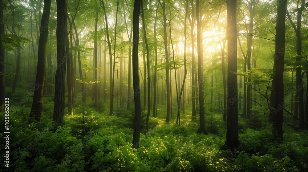Fototapeta premium **: A spring forest where the morning sun filters through dense foliage, casting a soft golden glow on the vibrant greenery below.