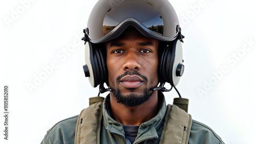 African American man in flight helmet and military suit 