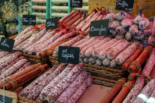 Variety of homemade dried salami sausages in French butchery shop, Dordogne, France, meat food background close up photo