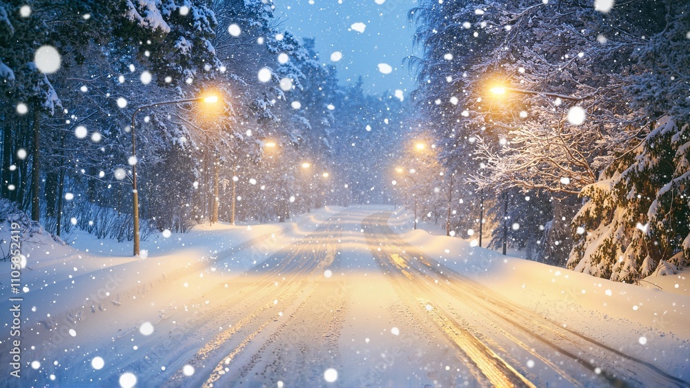 Peaceful Winter Road Scene with Evening Illumination Peaceful Winter Road Scene with Evening Illumination