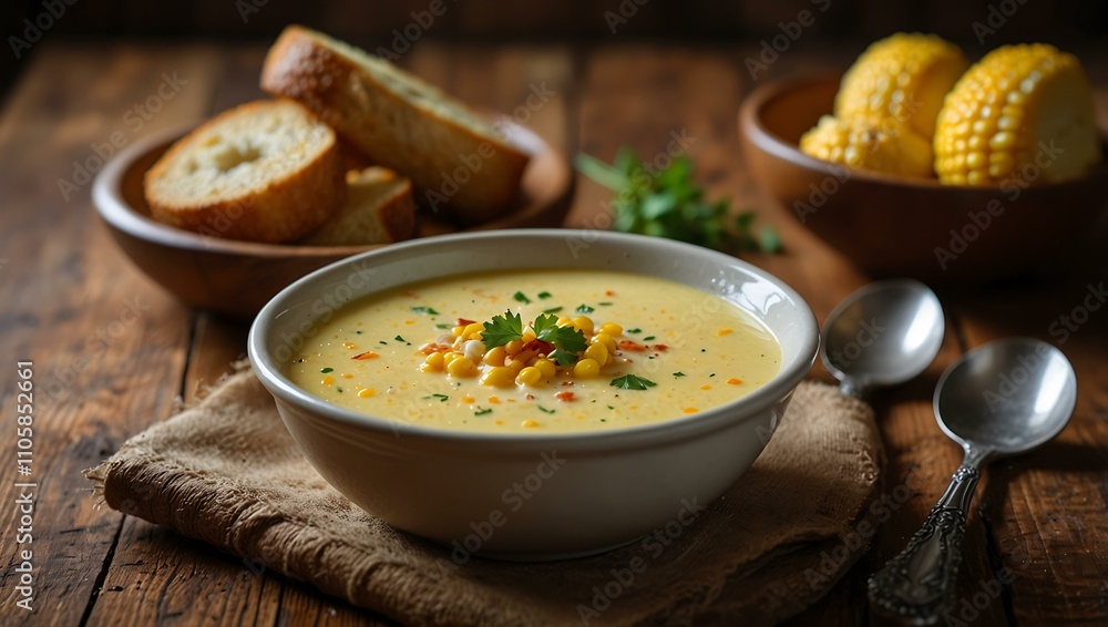 Creamy corn soup served on a wooden table. Creamy corn soup served on a wooden table.