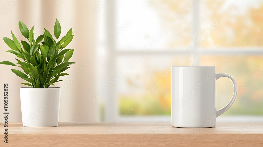 Hot drink on a windowsill, steam rising, natural morning light, serene and cozy ambiance Hot drink on a windowsill, steam rising, natural morning light, serene and cozy ambiance