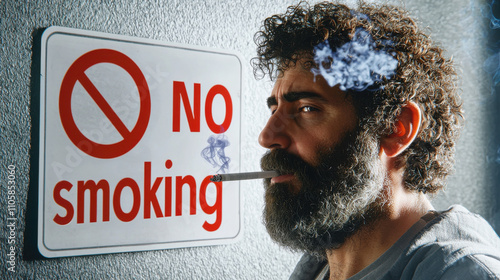 man smokes in front of no smoking sign on wall