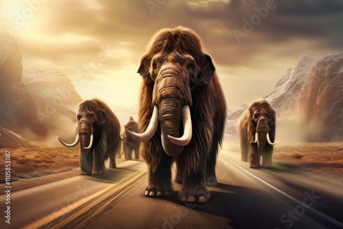 prehistoric imagine a herd of woolly mammoths lumbering down a d photo