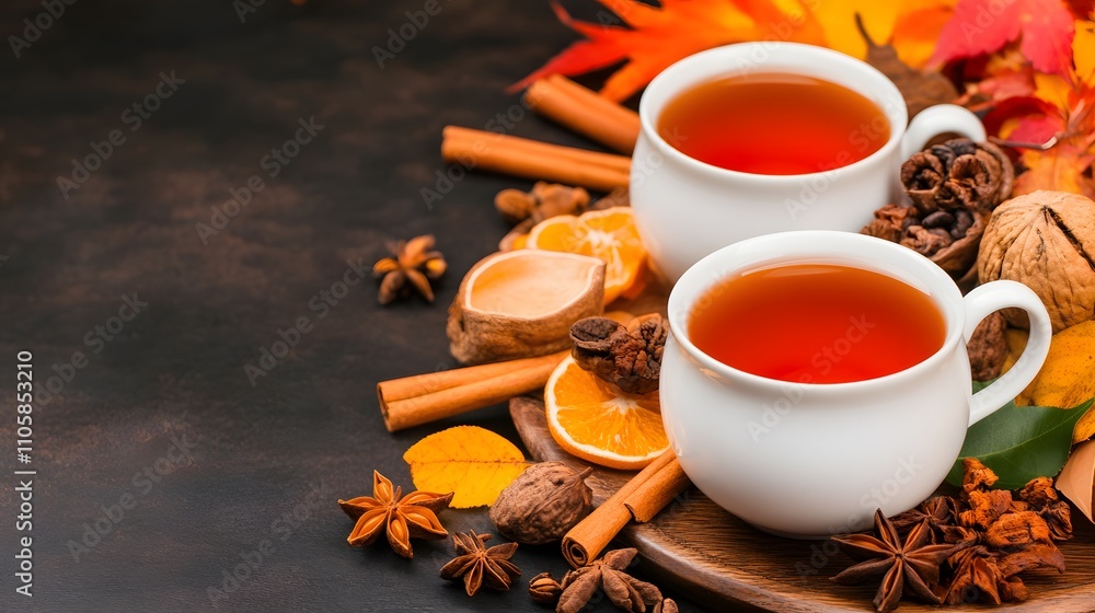 Tea in a classic teapot with matching cups, placed on a wooden tray, warm and inviting scene Tea in a classic teapot with matching cups, placed on a wooden tray, warm and inviting scene