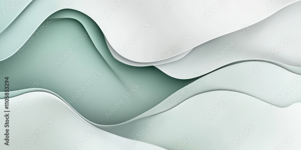 Fototapeta premium Soft green shapes intertwine and flow seamlessly, creating an elegant display of abstract art. The gentle curves evoke a sense of calm and tranquility in the serene color palette.