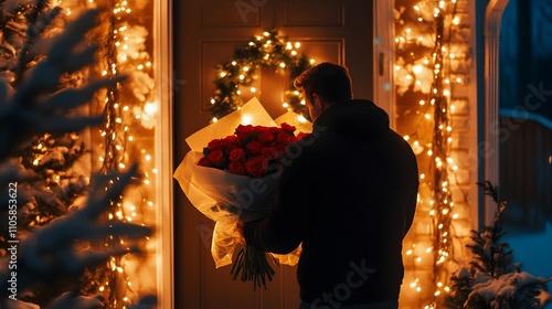 Wallpaper Mural A cinematic shot of a man surprising his partner with a bouquet of roses at their front door, framed by glowing fairy lights. Torontodigital.ca