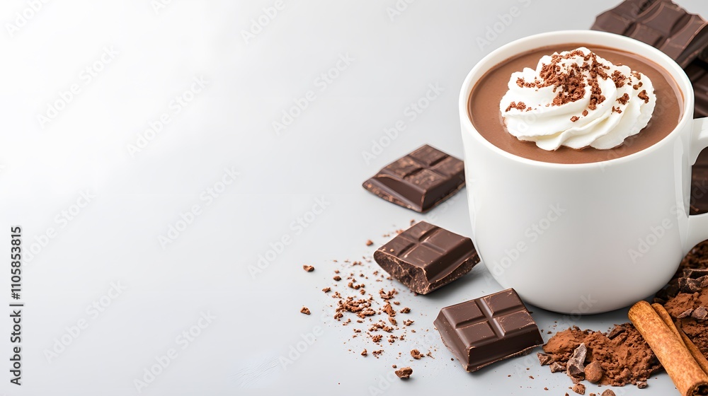 Hot chocolate in a ceramic mug, topped with whipped cream and cocoa sprinkles, cozy winter vibes Hot chocolate in a ceramic mug, topped with whipped cream and cocoa sprinkles, cozy winter vibes