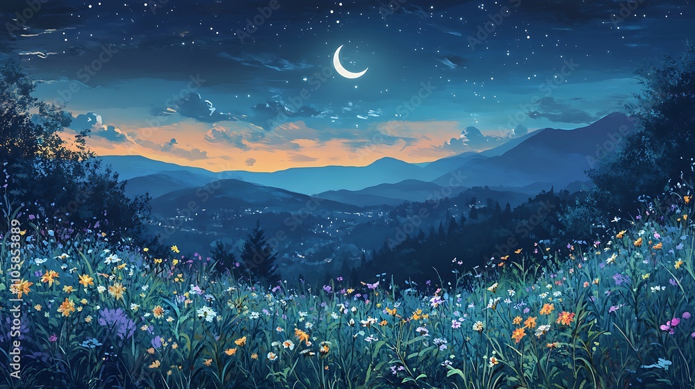 Naklejka premium Nighttime Floral Meadow Under Crescent Moon And Starry Sky