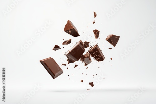 Dynamic shattered chocolate bar against white background