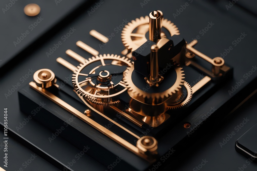 Detailed close-up of a beautiful gold gear mechanism on a sleek dark surface, showcasing intricate craftsmanship and design. Detailed close-up of a beautiful gold gear mechanism on a sleek dark surface, showcasing intricate craftsmanship and design.