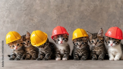Six cute kittens wearing colorful hard hats sit in a row, showcasing a playful and adorable construction theme.