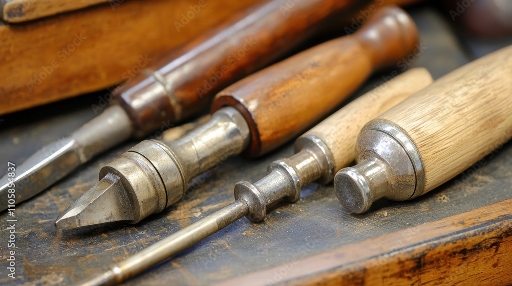 Close-Up of Handmade Tools on Workspace Showing Partially Finished Projects Close-Up of Handmade Tools on Workspace Showing Partially Finished Projects