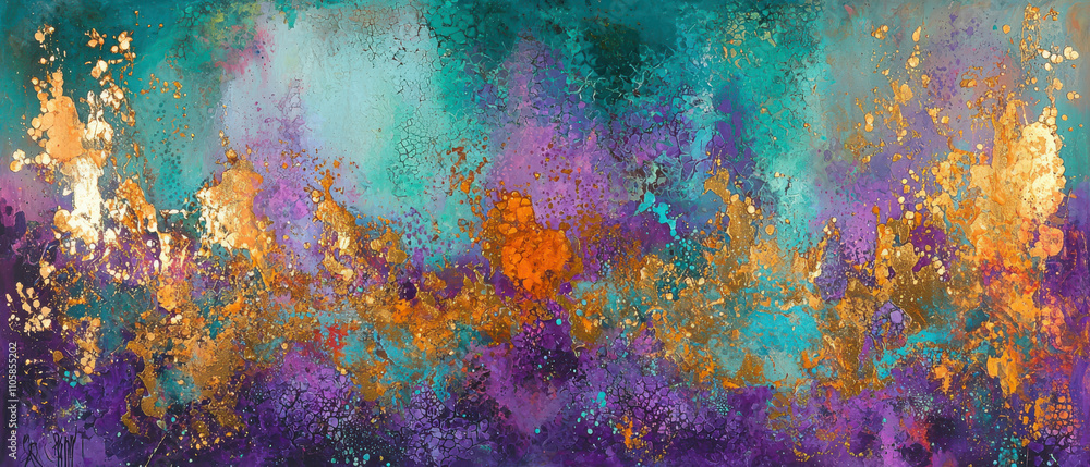 vibrant abstract painting featuring rich colors like turquoise, purple, and gold, creating lively and dynamic atmosphere. energetic splashes evoke sense of movement and creativity vibrant abstract painting featuring rich colors like turquoise, purple, and gold, creating lively and dynamic atmosphere. energetic splashes evoke sense of movement and creativity