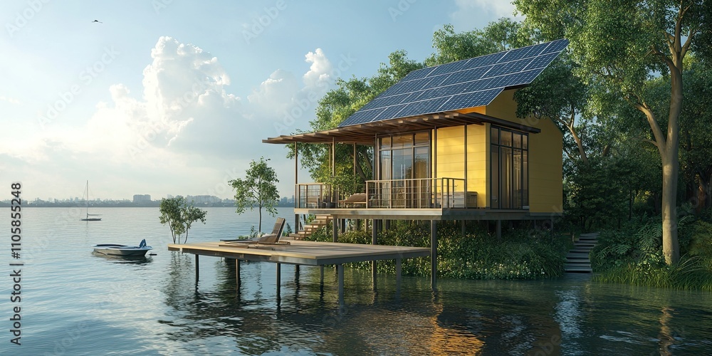 Obraz premium dark yellow and ivory luxury coastal stilt house with small pier and modern solar panel technology and cozy elegant balcony 