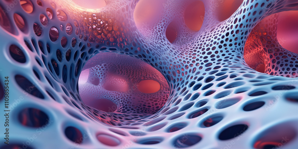 3D textured abstract background for presentations, coral-like technology surface with round holes, blue, purple and pink color scheme, complex integrated lattice structure of strings. 3D textured abstract background for presentations, coral-like technology surface with round holes, blue, purple and pink color scheme, complex integrated lattice structure of strings.