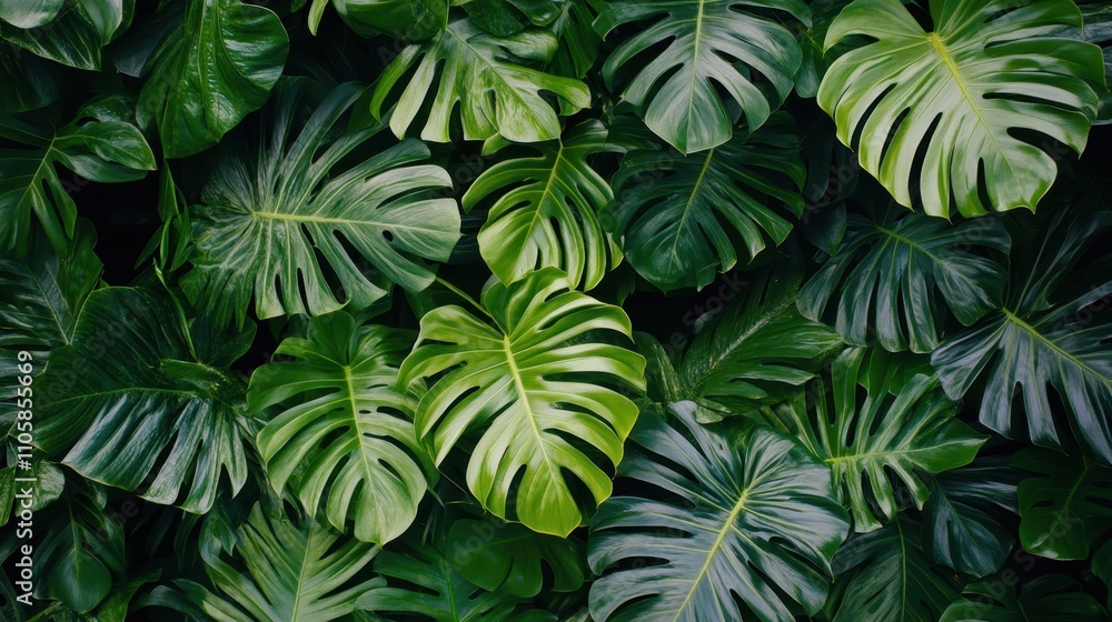 Fototapeta premium Monstera Leaves Background Texture - Lush Green Tropical Foliage for Nature-Inspired Designs, Wallpaper, and Botanical-Themed Projects