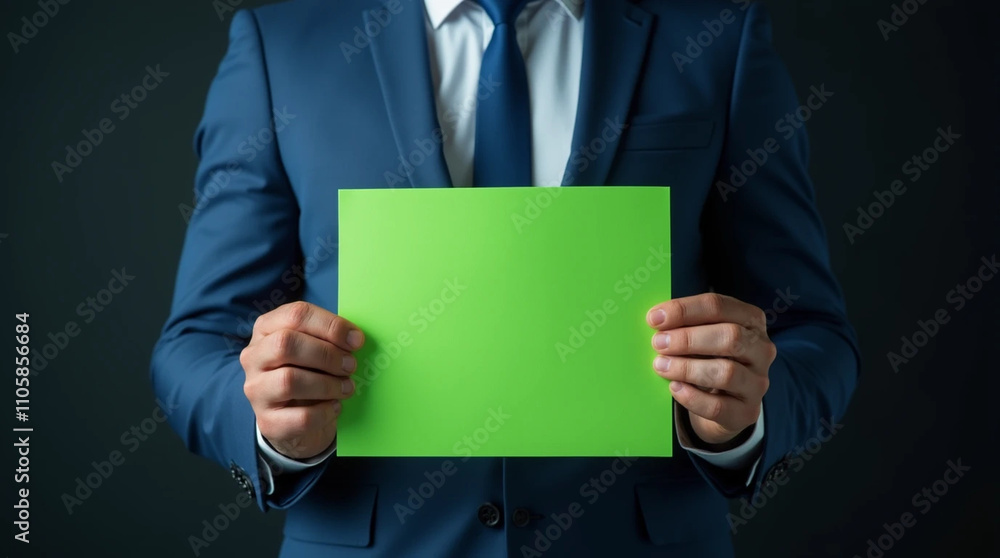 Man in a suit holding green document Man in a suit holding green document