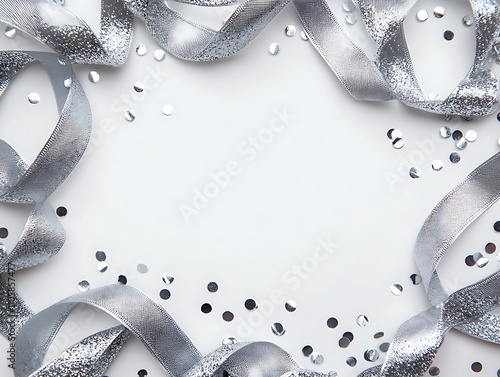 Festive silver curly ribbon frame on white background