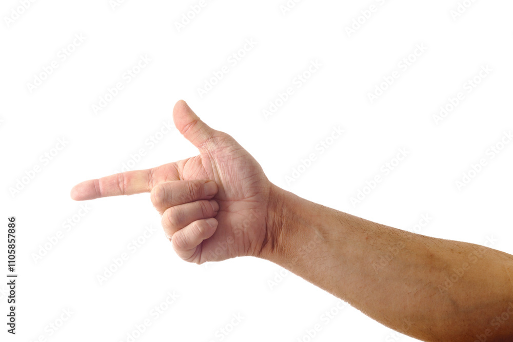 Adult male hand showing pointing shooting gesture isolated on white