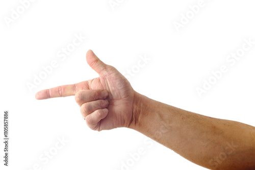 Obraz na płótnie Adult male hand showing pointing shooting gesture isolated on white w salonie
